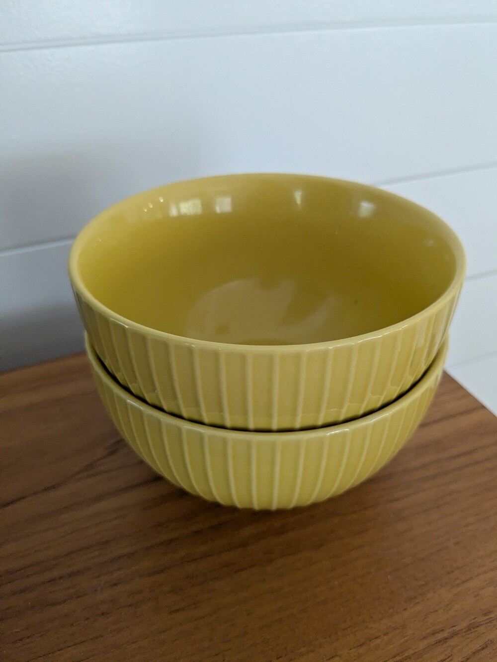 West Elm Bright Yellow Ribbed Ceramic Cereal Soup Serving Bowls - Set of 2